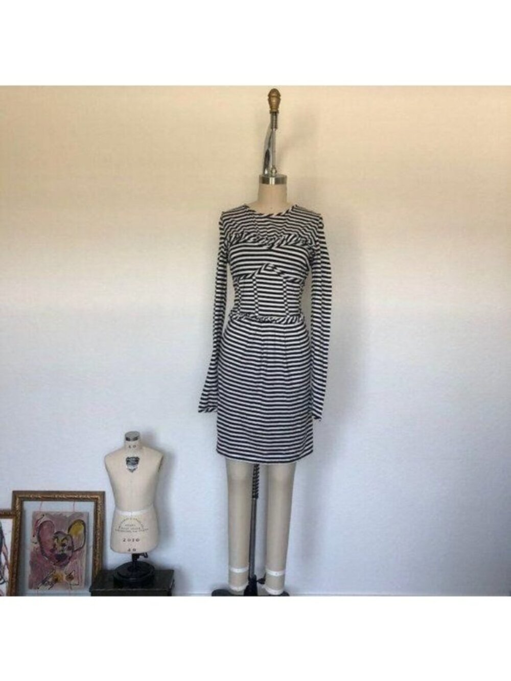 Thakoon RESORT Striped Long Sleeve Midi Bustier Corset Dress